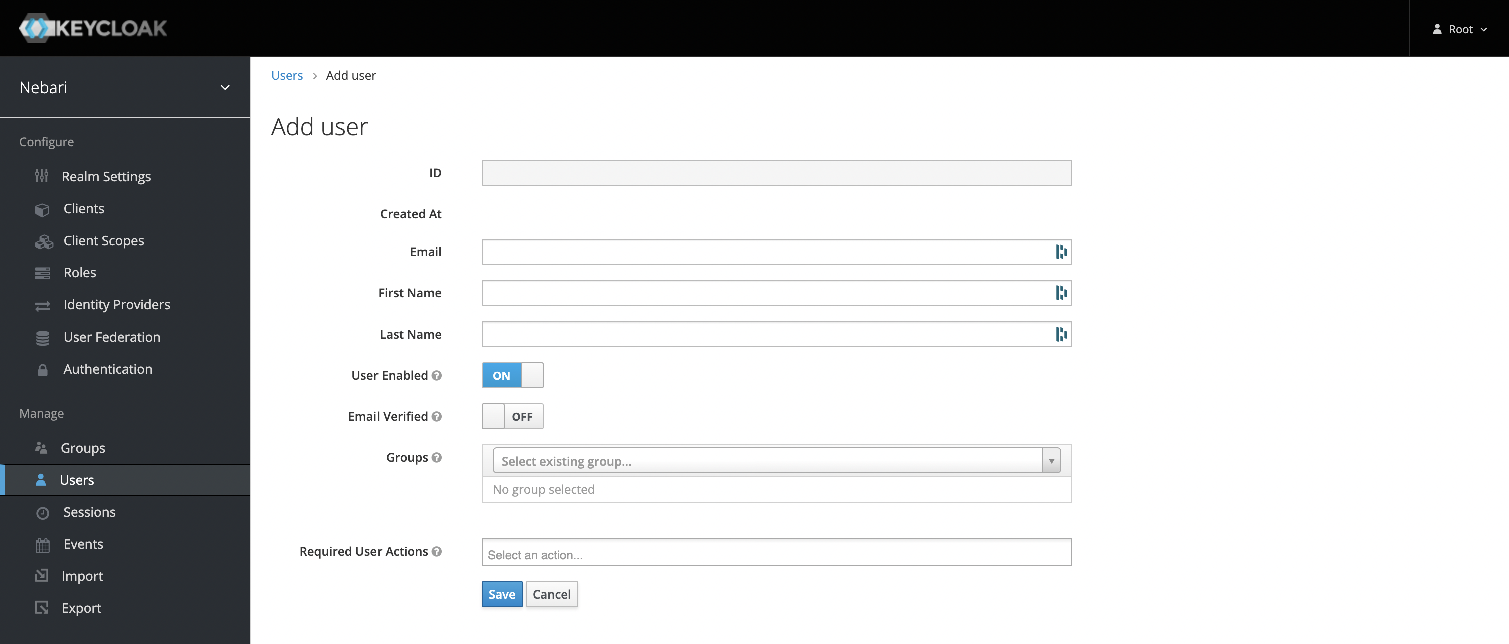 Keycloak add user tab screenshot - new user form