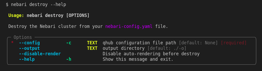 A representation of the output generated when nebari deploy help command is executed.