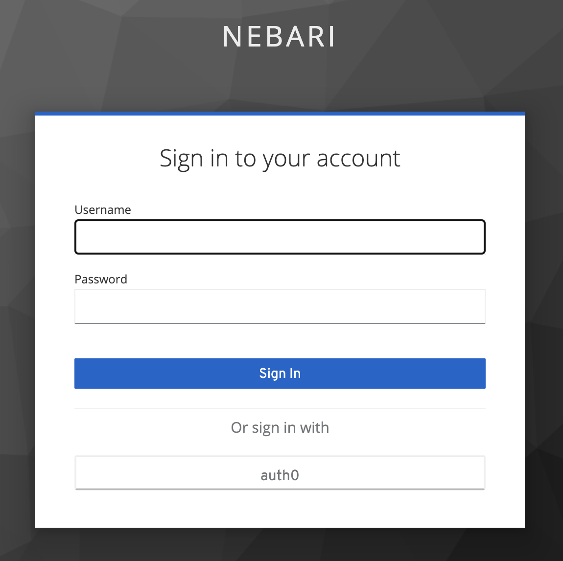 Nebari Keycloak auth screen - shows a form to provide username or password or to authenticate through Auth0